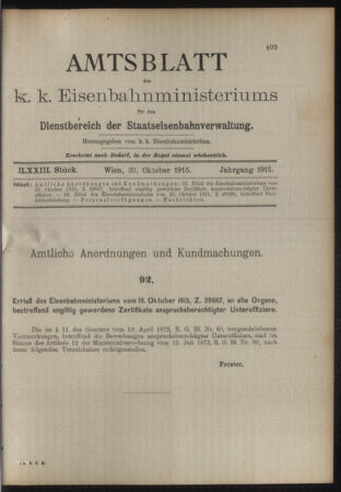 Verordnungs- und Anzeige-Blatt der k.k. General-Direction der österr. Staatsbahnen 19151030 Seite: 1