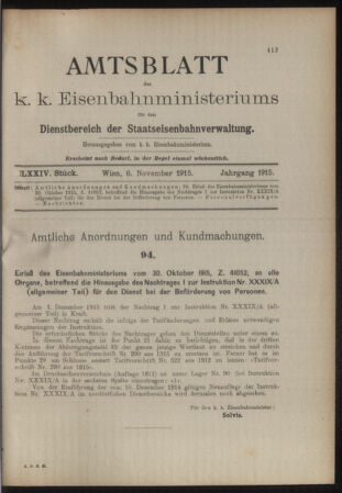 Verordnungs- und Anzeige-Blatt der k.k. General-Direction der österr. Staatsbahnen 19151106 Seite: 1