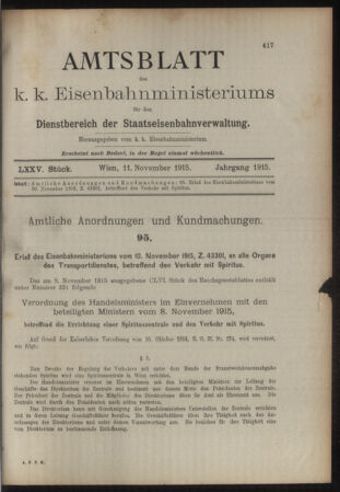 Verordnungs- und Anzeige-Blatt der k.k. General-Direction der österr. Staatsbahnen 19151111 Seite: 1