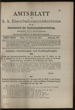 Verordnungs- und Anzeige-Blatt der k.k. General-Direction der österr. Staatsbahnen 19151113 Seite: 1