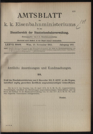 Verordnungs- und Anzeige-Blatt der k.k. General-Direction der österr. Staatsbahnen 19151120 Seite: 1