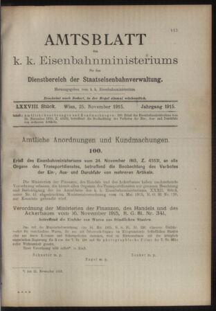 Verordnungs- und Anzeige-Blatt der k.k. General-Direction der österr. Staatsbahnen 19151125 Seite: 1