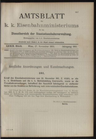 Verordnungs- und Anzeige-Blatt der k.k. General-Direction der österr. Staatsbahnen 19151127 Seite: 1