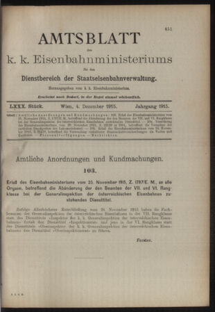 Verordnungs- und Anzeige-Blatt der k.k. General-Direction der österr. Staatsbahnen 19151204 Seite: 1