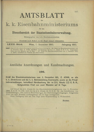 Verordnungs- und Anzeige-Blatt der k.k. General-Direction der österr. Staatsbahnen 19151207 Seite: 1