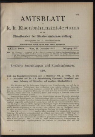 Verordnungs- und Anzeige-Blatt der k.k. General-Direction der österr. Staatsbahnen 19151211 Seite: 1