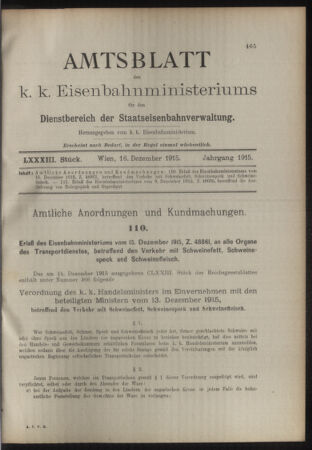 Verordnungs- und Anzeige-Blatt der k.k. General-Direction der österr. Staatsbahnen 19151216 Seite: 1