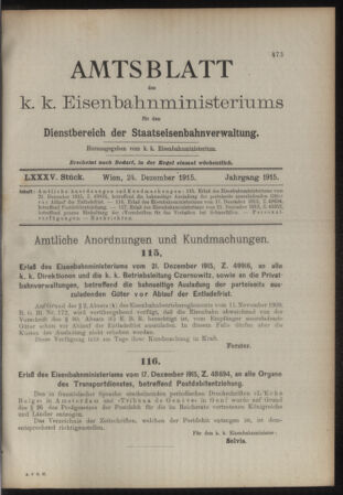 Verordnungs- und Anzeige-Blatt der k.k. General-Direction der österr. Staatsbahnen 19151224 Seite: 1