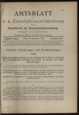 Verordnungs- und Anzeige-Blatt der k.k. General-Direction der österr. Staatsbahnen 19151229 Seite: 1