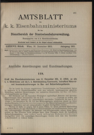 Verordnungs- und Anzeige-Blatt der k.k. General-Direction der österr. Staatsbahnen 19151231 Seite: 1