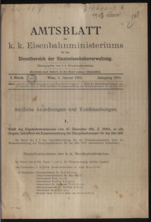 Verordnungs- und Anzeige-Blatt der k.k. General-Direction der österr. Staatsbahnen 19160105 Seite: 1