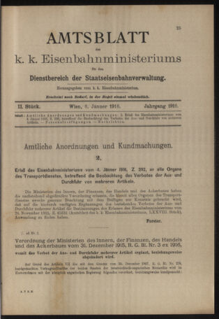 Verordnungs- und Anzeige-Blatt der k.k. General-Direction der österr. Staatsbahnen 19160108 Seite: 1