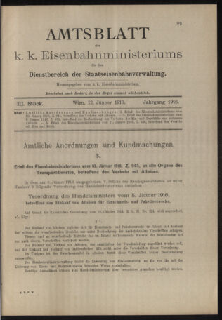 Verordnungs- und Anzeige-Blatt der k.k. General-Direction der österr. Staatsbahnen 19160112 Seite: 1