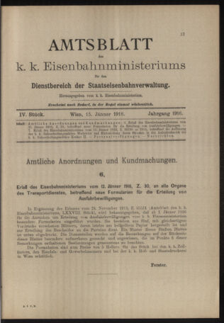 Verordnungs- und Anzeige-Blatt der k.k. General-Direction der österr. Staatsbahnen 19160115 Seite: 1