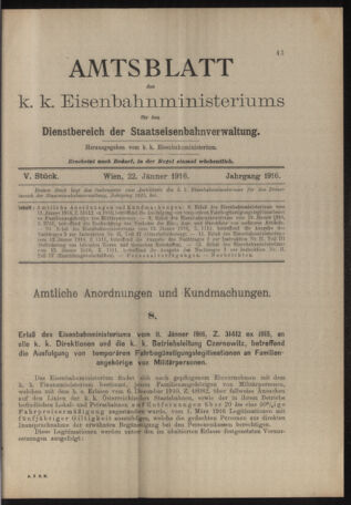 Verordnungs- und Anzeige-Blatt der k.k. General-Direction der österr. Staatsbahnen 19160122 Seite: 1