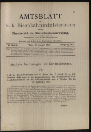 Verordnungs- und Anzeige-Blatt der k.k. General-Direction der österr. Staatsbahnen 19160129 Seite: 1