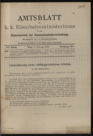 Verordnungs- und Anzeige-Blatt der k.k. General-Direction der österr. Staatsbahnen 19160205 Seite: 1