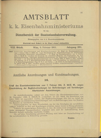 Verordnungs- und Anzeige-Blatt der k.k. General-Direction der österr. Staatsbahnen 19160209 Seite: 1