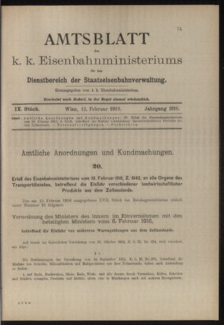 Verordnungs- und Anzeige-Blatt der k.k. General-Direction der österr. Staatsbahnen 19160212 Seite: 1