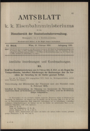 Verordnungs- und Anzeige-Blatt der k.k. General-Direction der österr. Staatsbahnen 19160218 Seite: 1