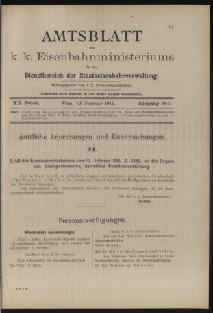 Verordnungs- und Anzeige-Blatt der k.k. General-Direction der österr. Staatsbahnen 19160219 Seite: 1