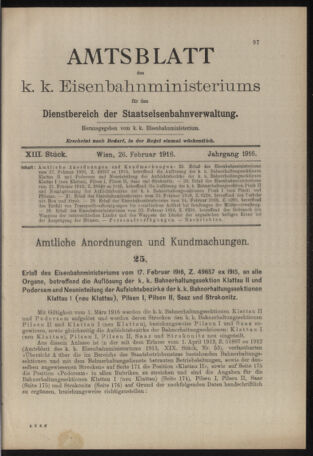 Verordnungs- und Anzeige-Blatt der k.k. General-Direction der österr. Staatsbahnen 19160226 Seite: 1