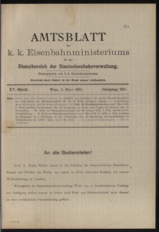 Verordnungs- und Anzeige-Blatt der k.k. General-Direction der österr. Staatsbahnen 19160304 Seite: 1