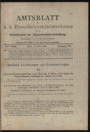 Verordnungs- und Anzeige-Blatt der k.k. General-Direction der österr. Staatsbahnen 19160311 Seite: 1