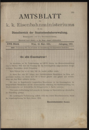 Verordnungs- und Anzeige-Blatt der k.k. General-Direction der österr. Staatsbahnen 19160316 Seite: 1