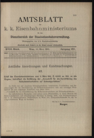 Verordnungs- und Anzeige-Blatt der k.k. General-Direction der österr. Staatsbahnen 19160318 Seite: 1