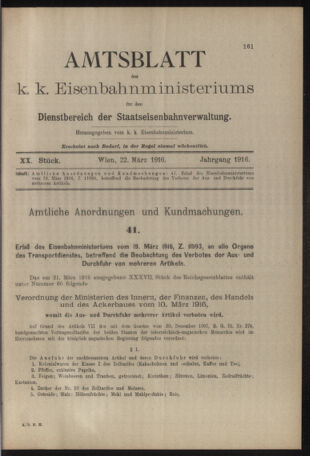 Verordnungs- und Anzeige-Blatt der k.k. General-Direction der österr. Staatsbahnen 19160322 Seite: 1