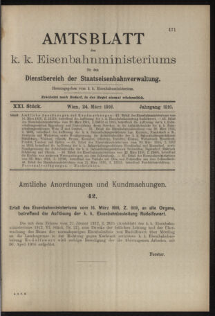 Verordnungs- und Anzeige-Blatt der k.k. General-Direction der österr. Staatsbahnen 19160324 Seite: 1