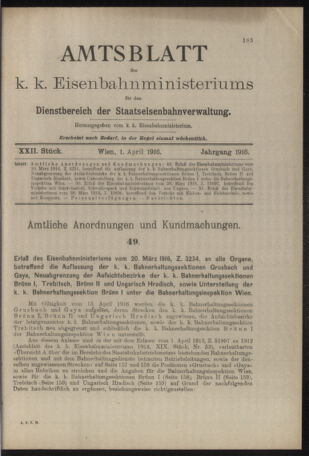 Verordnungs- und Anzeige-Blatt der k.k. General-Direction der österr. Staatsbahnen 19160401 Seite: 1