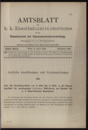 Verordnungs- und Anzeige-Blatt der k.k. General-Direction der österr. Staatsbahnen 19160406 Seite: 1