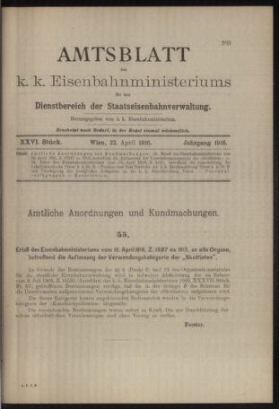 Verordnungs- und Anzeige-Blatt der k.k. General-Direction der österr. Staatsbahnen 19160422 Seite: 1