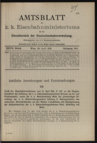 Verordnungs- und Anzeige-Blatt der k.k. General-Direction der österr. Staatsbahnen 19160429 Seite: 1