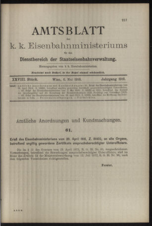 Verordnungs- und Anzeige-Blatt der k.k. General-Direction der österr. Staatsbahnen 19160506 Seite: 1