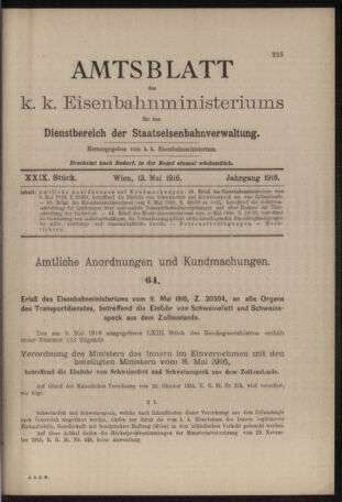 Verordnungs- und Anzeige-Blatt der k.k. General-Direction der österr. Staatsbahnen 19160513 Seite: 1