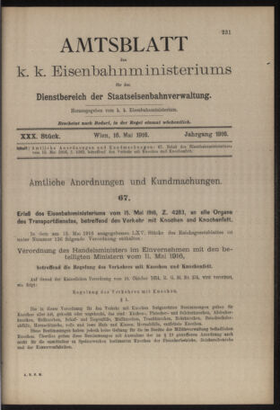 Verordnungs- und Anzeige-Blatt der k.k. General-Direction der österr. Staatsbahnen 19160516 Seite: 1