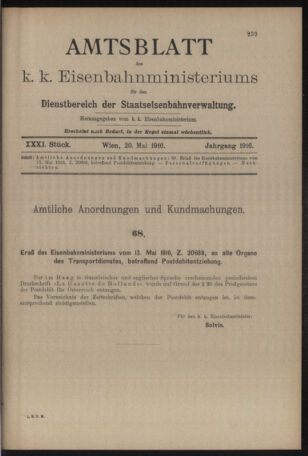 Verordnungs- und Anzeige-Blatt der k.k. General-Direction der österr. Staatsbahnen 19160522 Seite: 1