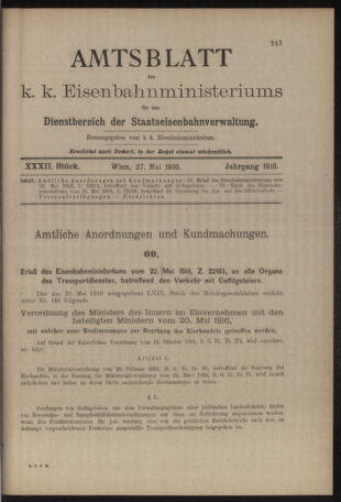 Verordnungs- und Anzeige-Blatt der k.k. General-Direction der österr. Staatsbahnen 19160527 Seite: 1