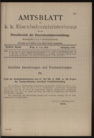 Verordnungs- und Anzeige-Blatt der k.k. General-Direction der österr. Staatsbahnen 19160603 Seite: 1