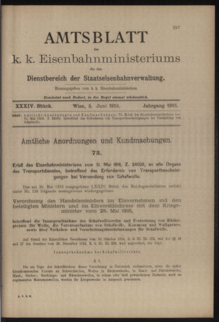 Verordnungs- und Anzeige-Blatt der k.k. General-Direction der österr. Staatsbahnen 19160605 Seite: 1