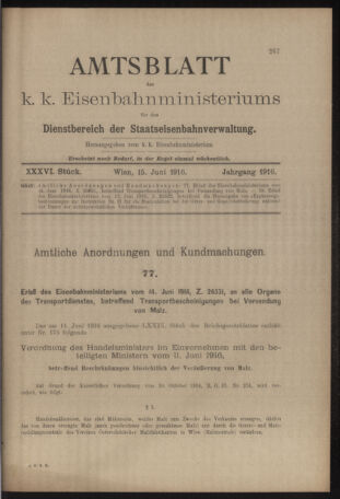 Verordnungs- und Anzeige-Blatt der k.k. General-Direction der österr. Staatsbahnen 19160615 Seite: 1