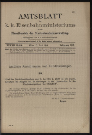 Verordnungs- und Anzeige-Blatt der k.k. General-Direction der österr. Staatsbahnen 19160617 Seite: 1