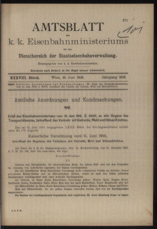 Verordnungs- und Anzeige-Blatt der k.k. General-Direction der österr. Staatsbahnen 19160619 Seite: 1