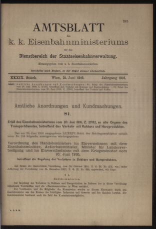 Verordnungs- und Anzeige-Blatt der k.k. General-Direction der österr. Staatsbahnen 19160621 Seite: 1