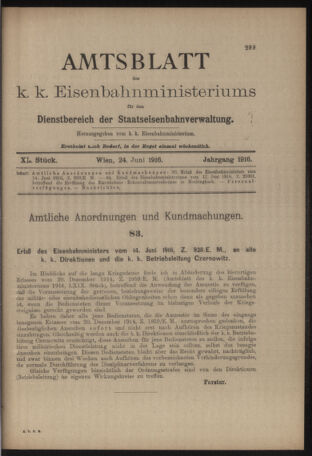 Verordnungs- und Anzeige-Blatt der k.k. General-Direction der österr. Staatsbahnen 19160624 Seite: 1