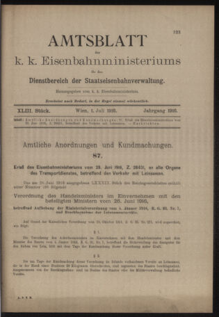 Verordnungs- und Anzeige-Blatt der k.k. General-Direction der österr. Staatsbahnen 19160701 Seite: 1