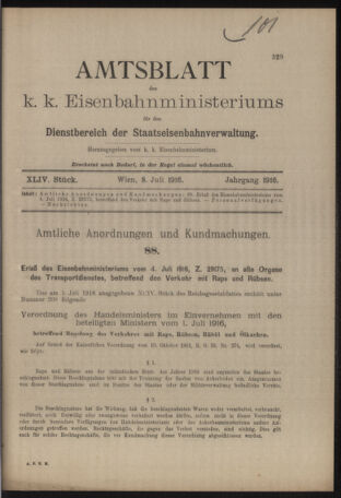 Verordnungs- und Anzeige-Blatt der k.k. General-Direction der österr. Staatsbahnen 19160708 Seite: 1